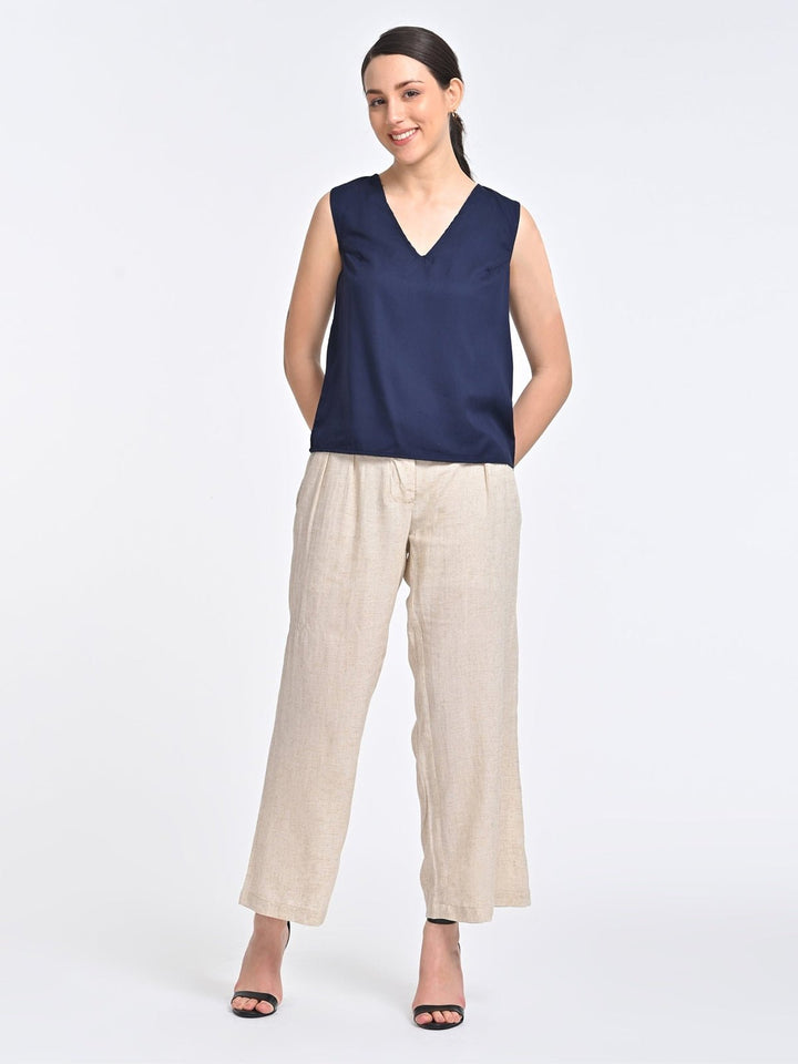 Co - ord SetWomen Solid Indigo V Neck Top with Beige Trousers Coords SetSaltpetre