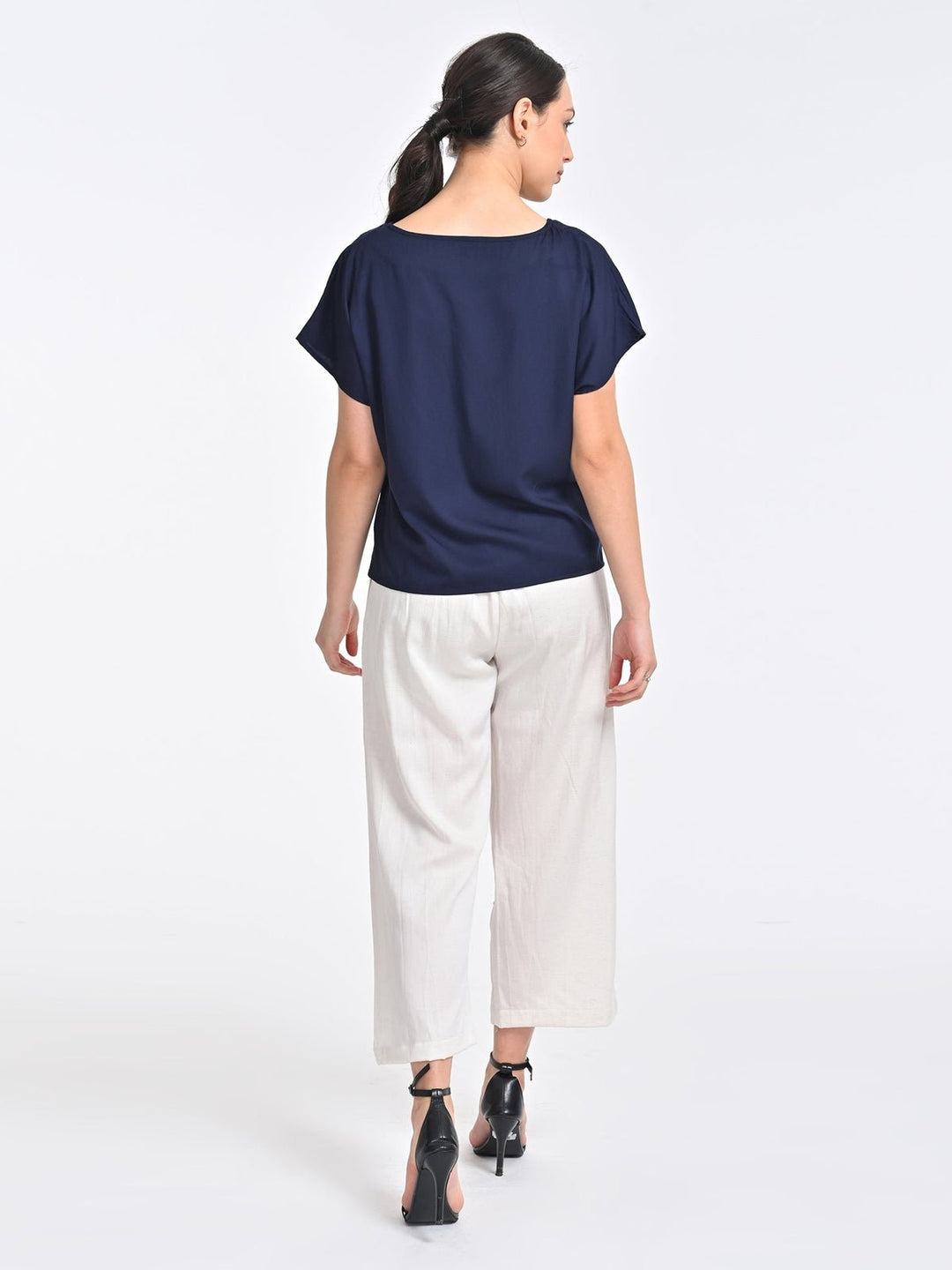 Co - ord SetWomen Solid Indigo V - neck Top with Cream Trousers Coords SetSaltpetre