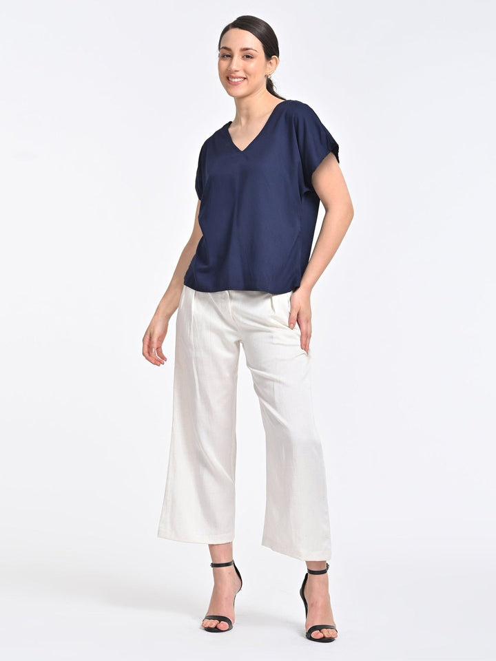 Co - ord SetWomen Solid Indigo V - neck Top with Cream Trousers Coords SetSaltpetre