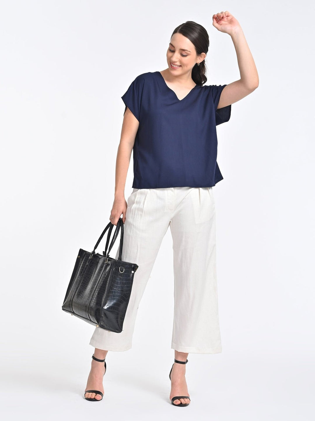 Co - ord SetWomen Solid Indigo V - neck Top with Cream Trousers Coords SetSaltpetre