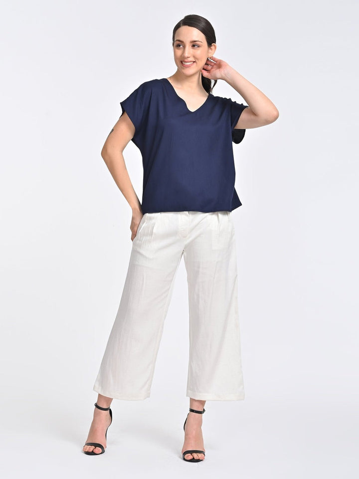 Co - ord SetWomen Solid Indigo V - neck Top with Cream Trousers Coords SetSaltpetre