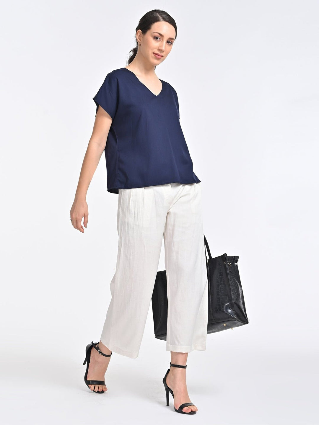 Co - ord SetWomen Solid Indigo V - neck Top with Cream Trousers Coords SetSaltpetre