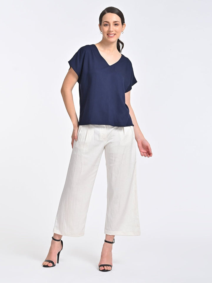 Co - ord SetWomen Solid Indigo V - neck Top with Cream Trousers Coords SetSaltpetre