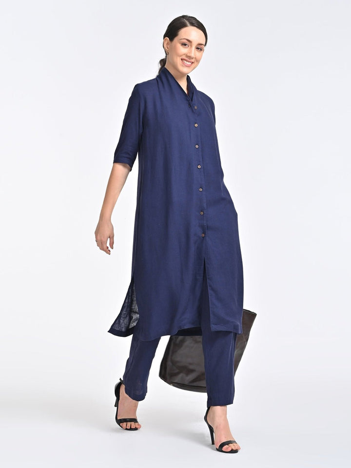 Co - ord SetWomen Solid Linen Long Shirt with Trousers Coords SetSaltpetre