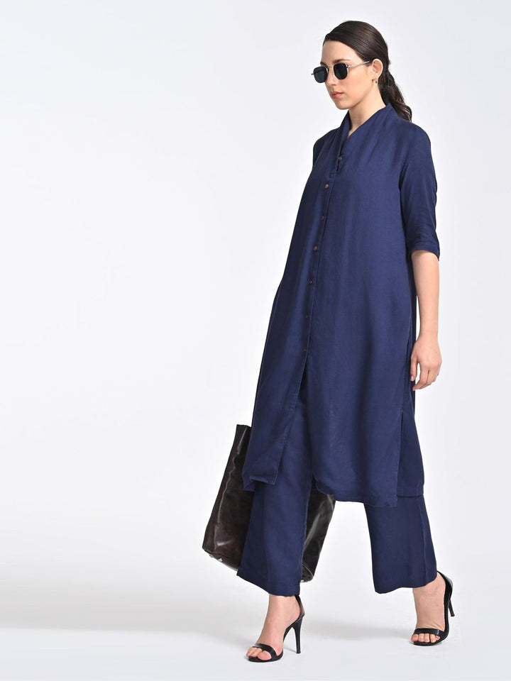 Co - ord SetWomen Solid Linen Long Shirt with Trousers Coords SetSaltpetre