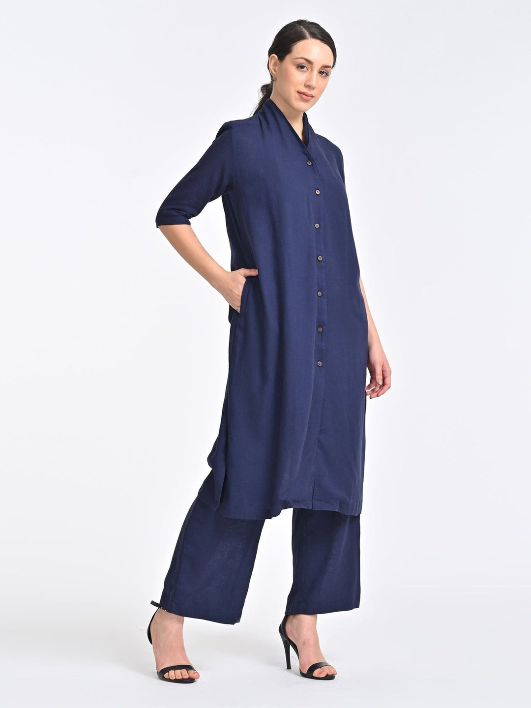 Co - ord SetWomen Solid Linen Long Shirt with Trousers Coords SetSaltpetre