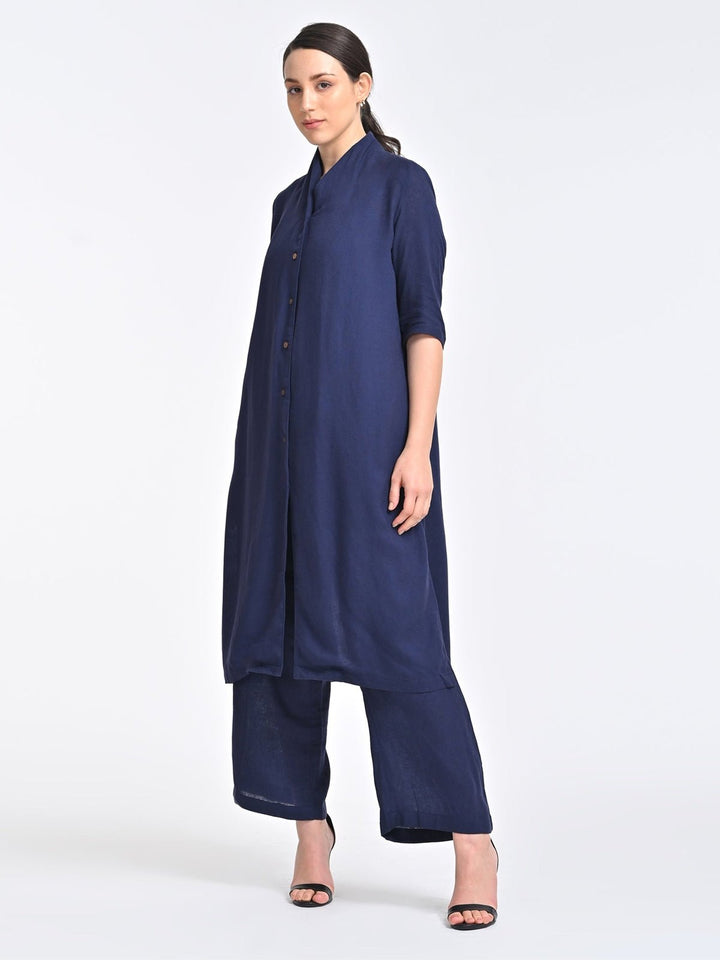 Co - ord SetWomen Solid Linen Long Shirt with Trousers Coords SetSaltpetre