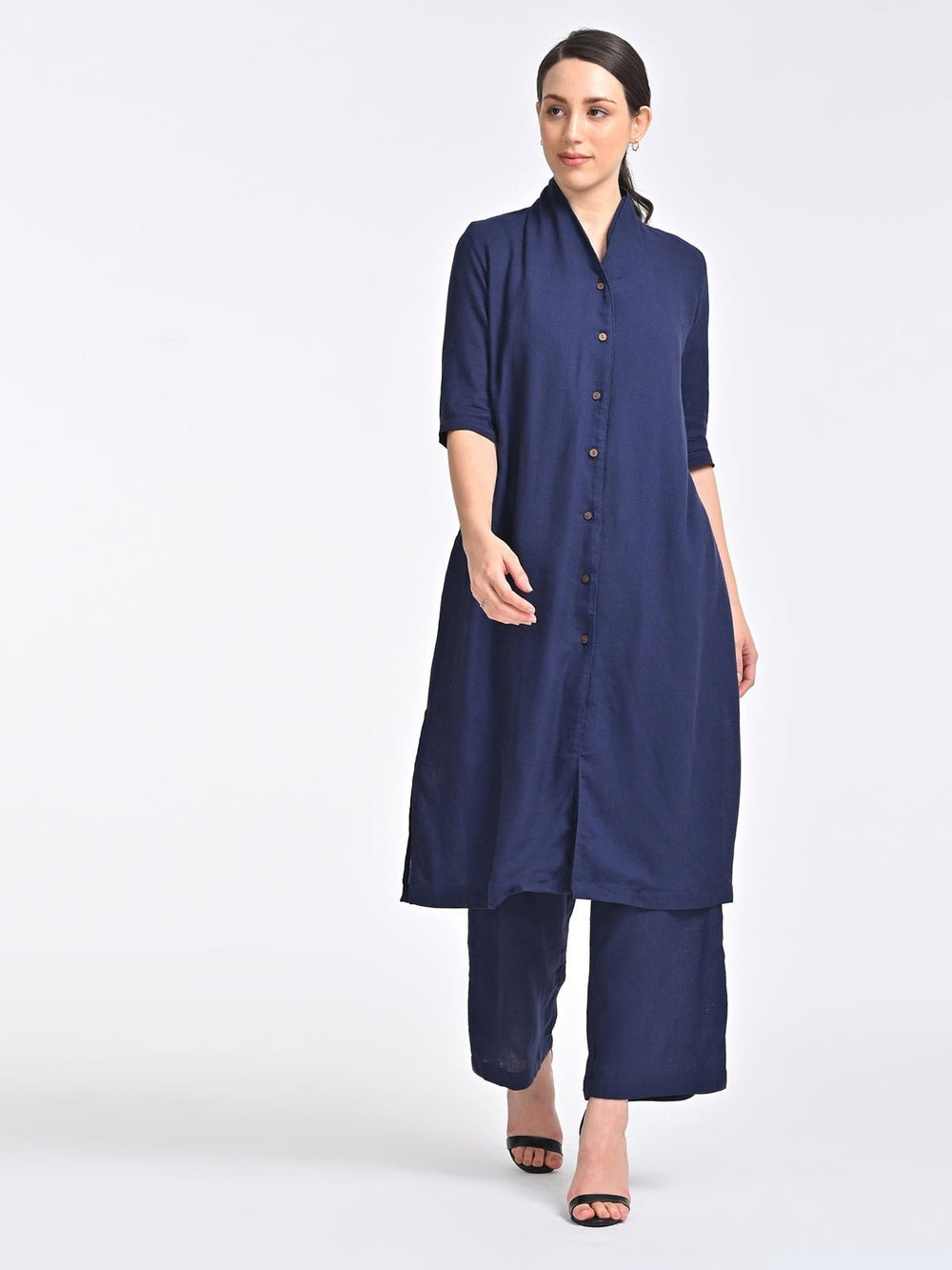 Co - ord SetWomen Solid Linen Long Shirt with Trousers Coords SetSaltpetre