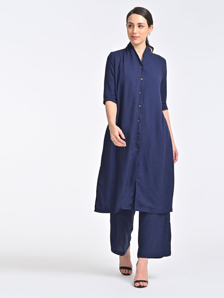 Co - ord SetWomen Solid Linen Long Shirt with Trousers Coords SetSaltpetre