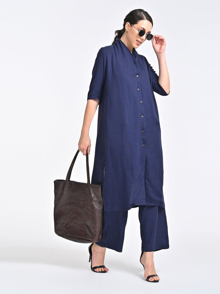 Co - ord SetWomen Solid Linen Long Shirt with Trousers Coords SetSaltpetre