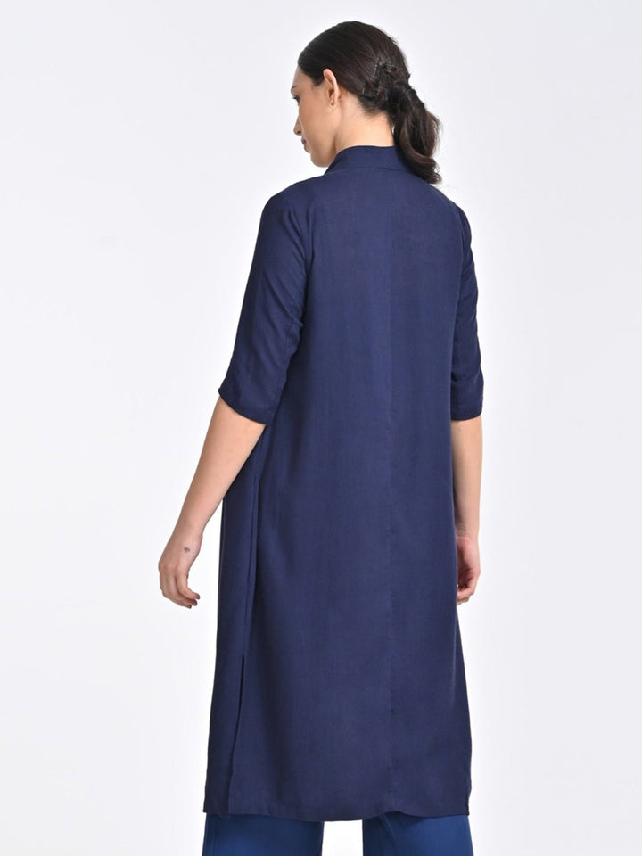 TopsWomen Solid Linen Navy Long ShirtSaltpetre