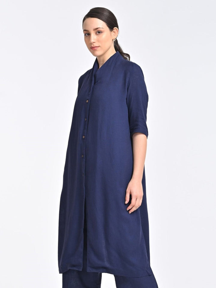 TopsWomen Solid Linen Navy Long ShirtSaltpetre