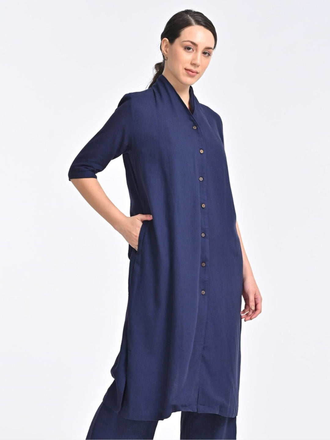 TopsWomen Solid Linen Navy Long ShirtSaltpetre