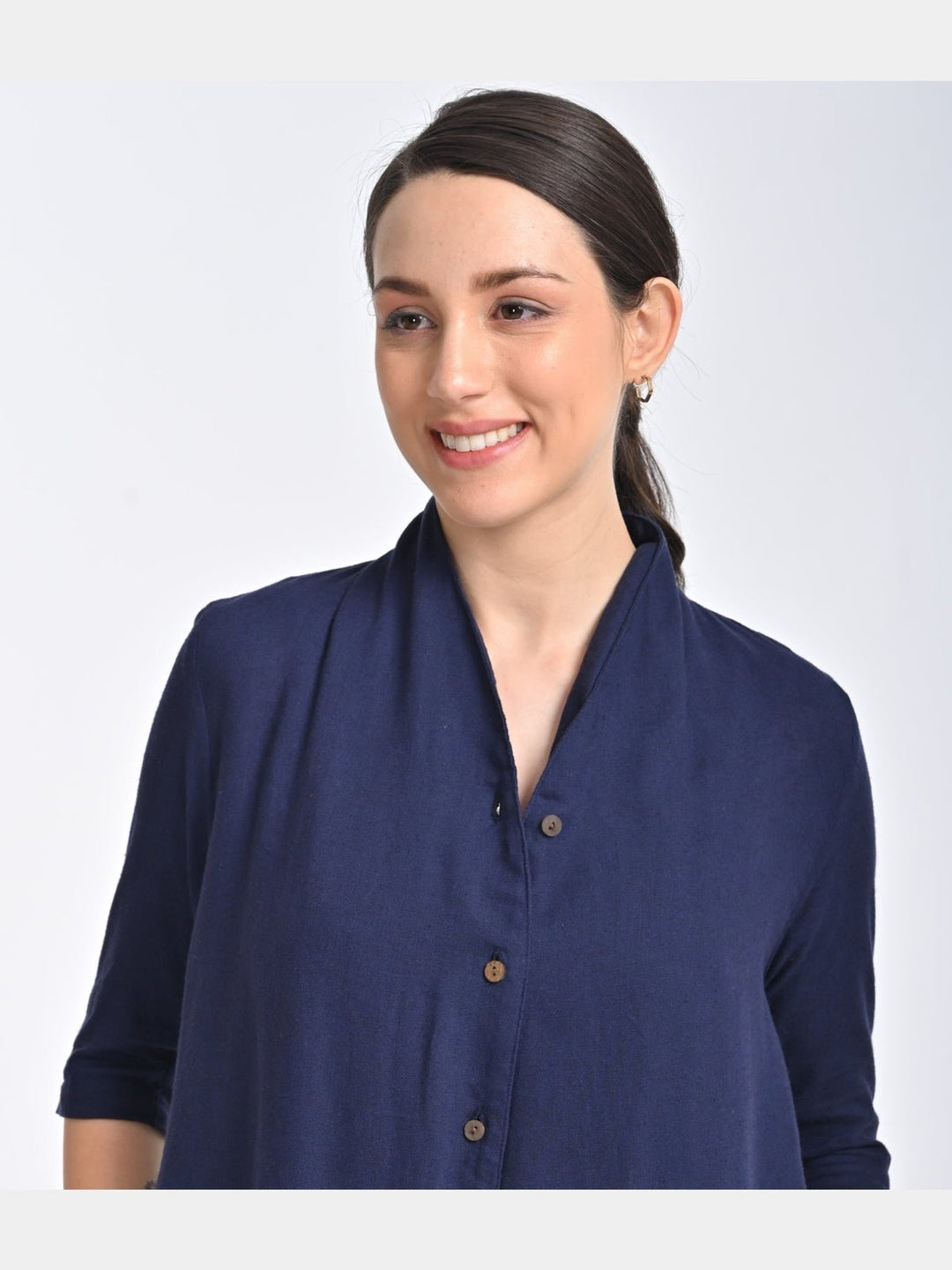 TopsWomen Solid Linen Navy Long ShirtSaltpetre