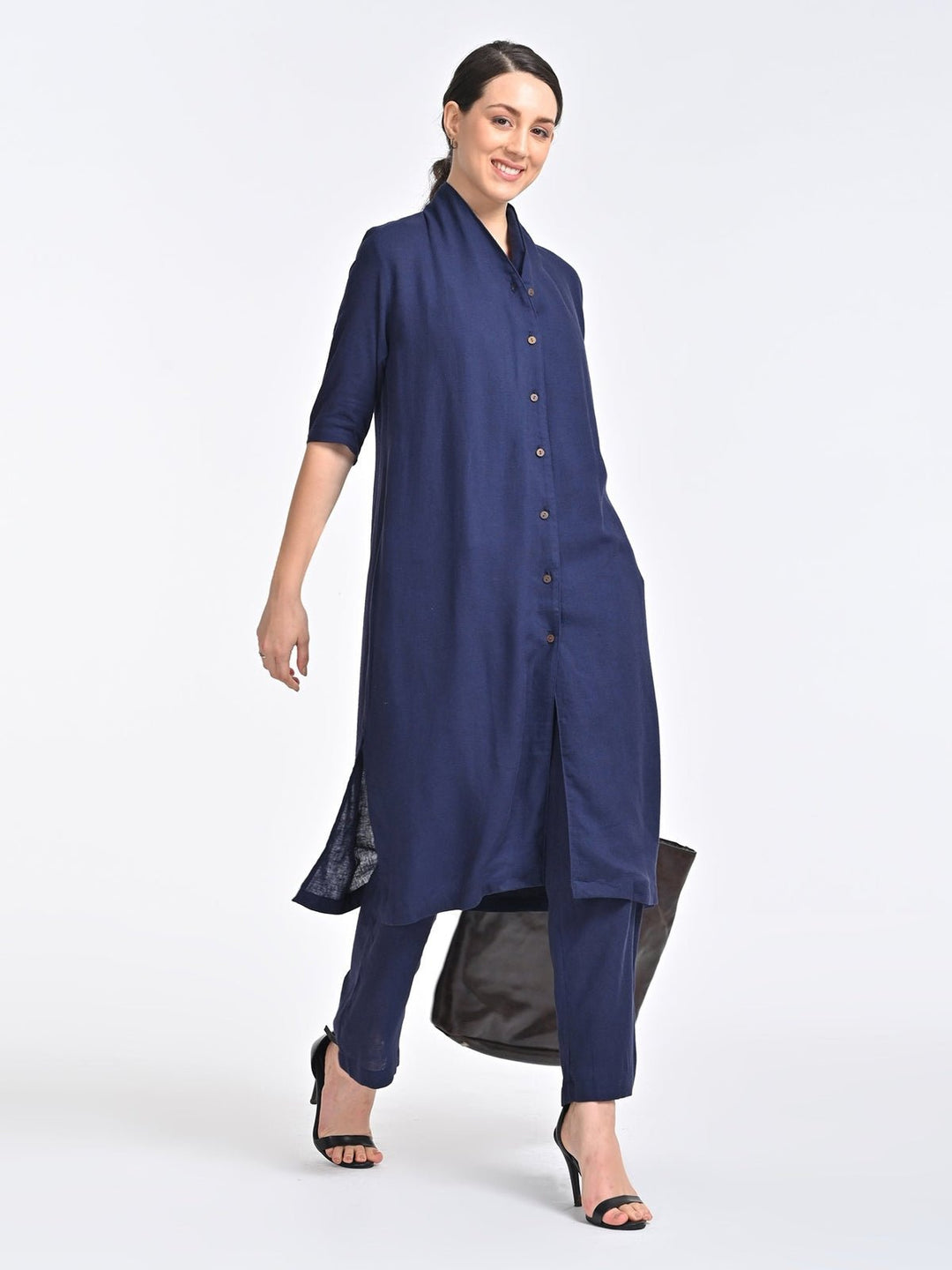 TopsWomen Solid Linen Navy Long ShirtSaltpetre