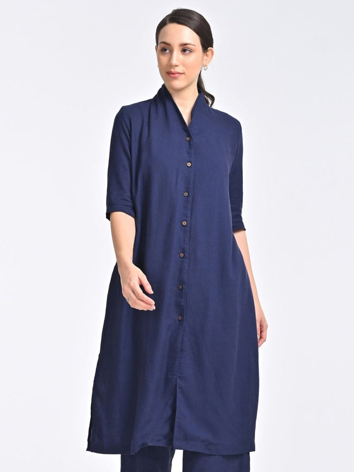 TopsWomen Solid Linen Navy Long ShirtSaltpetre