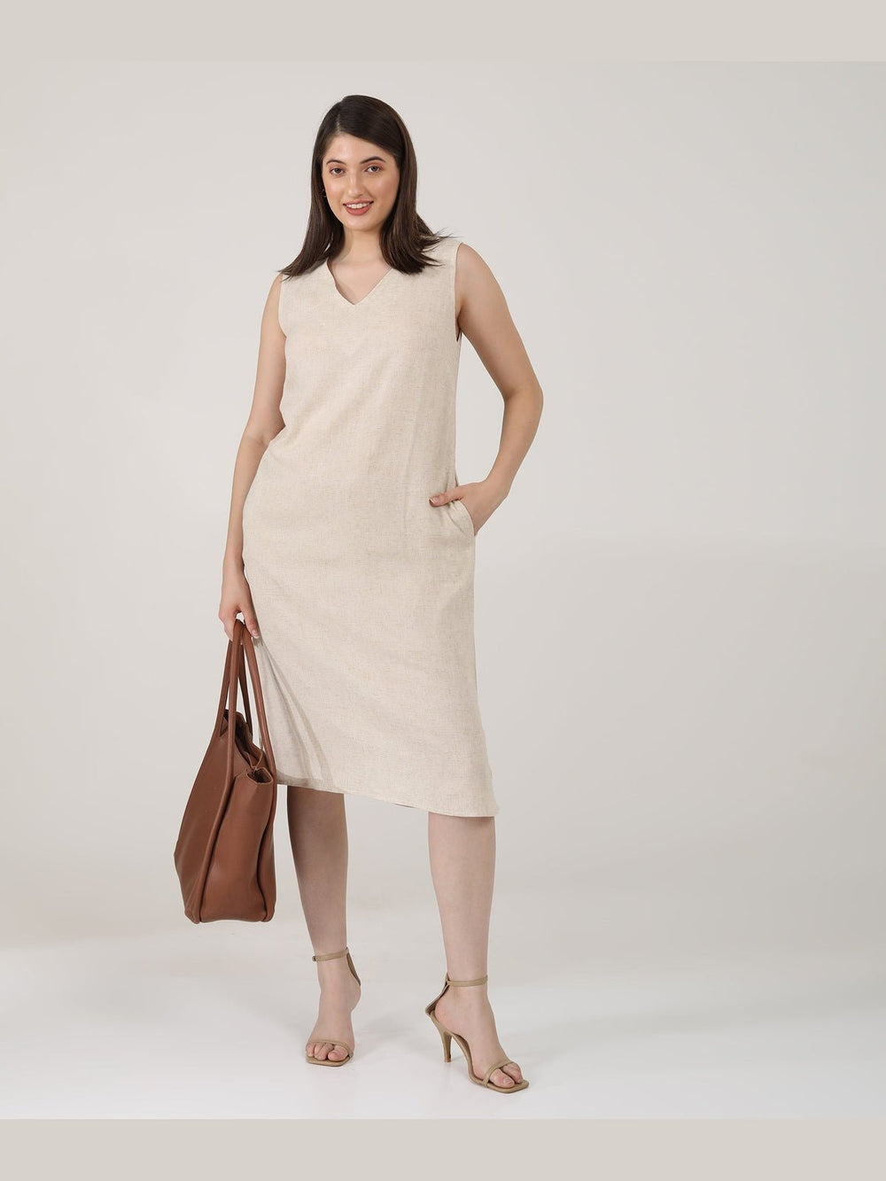 DressesWomen Solid linen Sleeveless V - Neck Midi DressSaltpetre