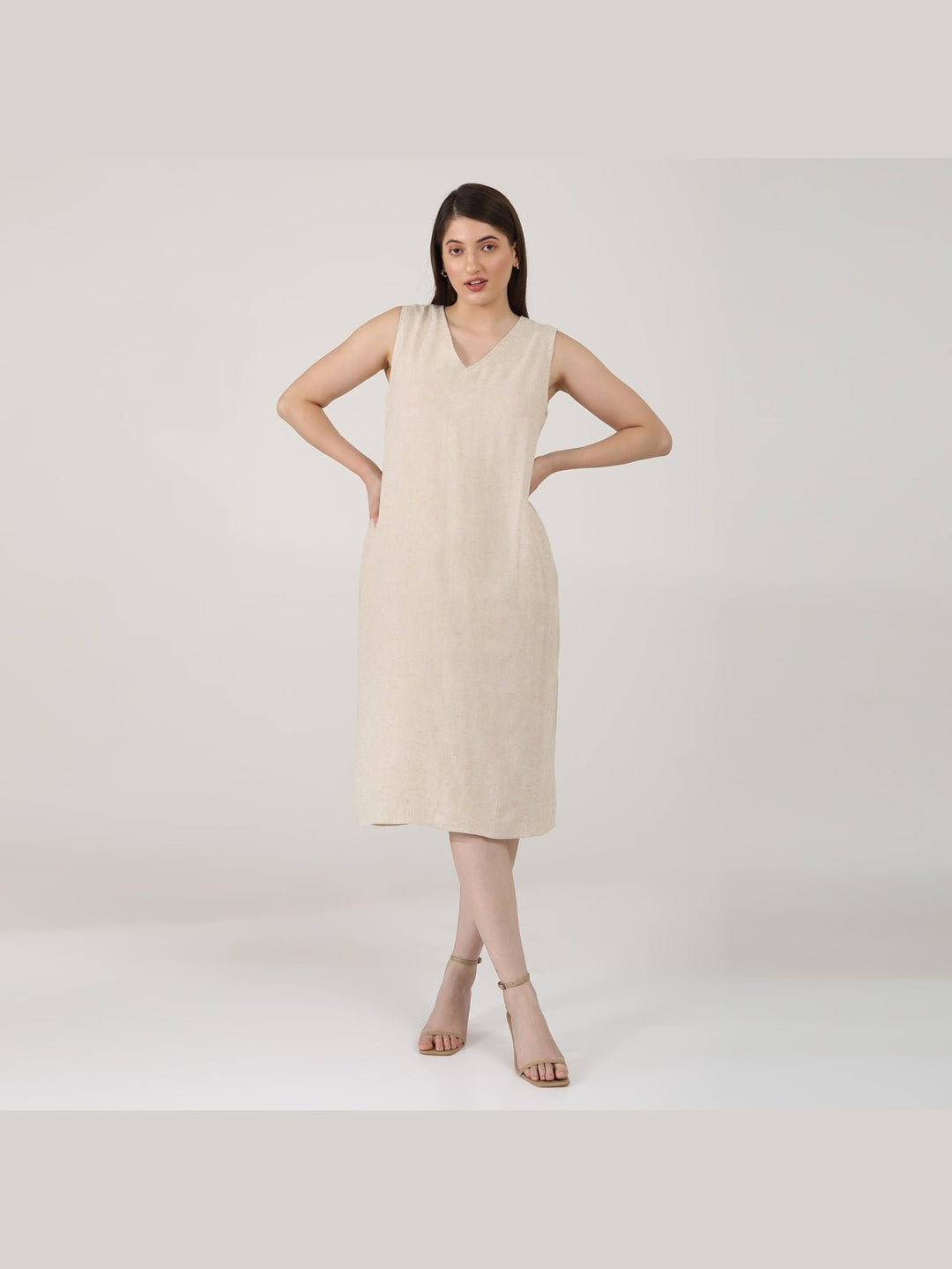 DressesWomen Solid linen Sleeveless V - Neck Midi DressSaltpetre