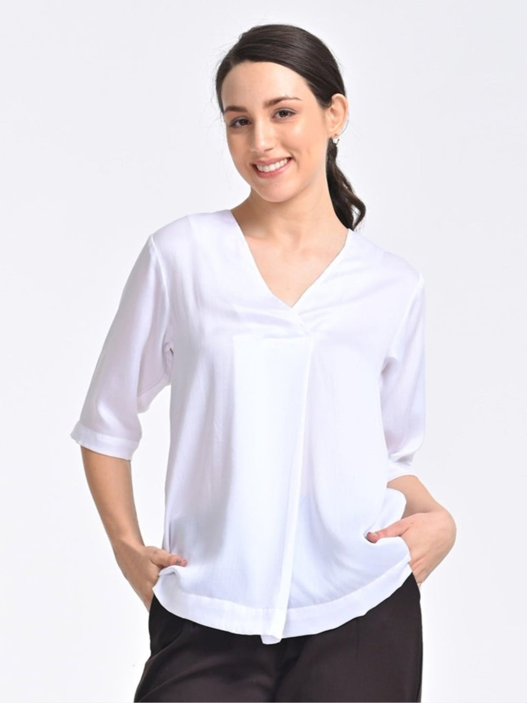 TopsWomen Solid Modal V Neck Front Pleat TopSaltpetre