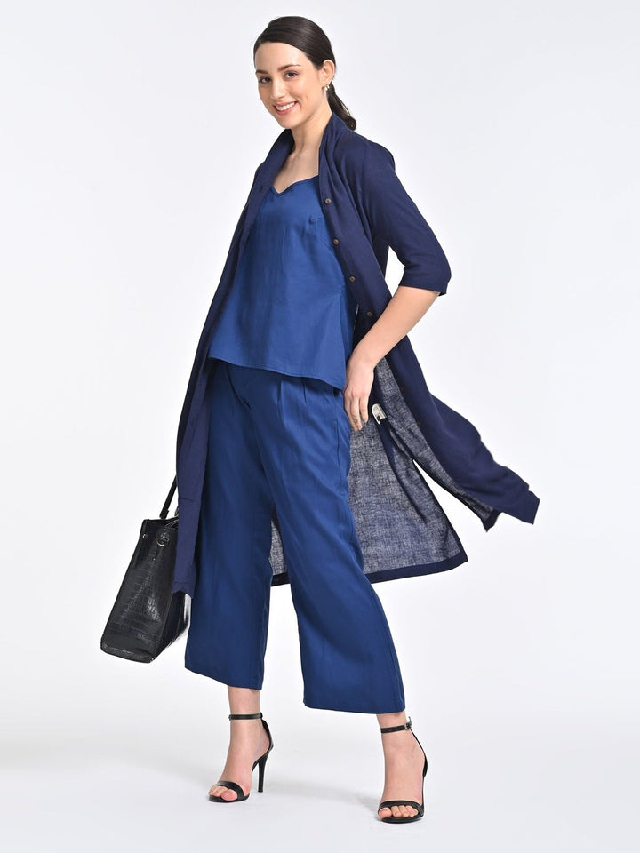 Co - ord SetWomen Solid Navy Overlay and Long Short with Trousers 3 Piece Coords SetSaltpetre