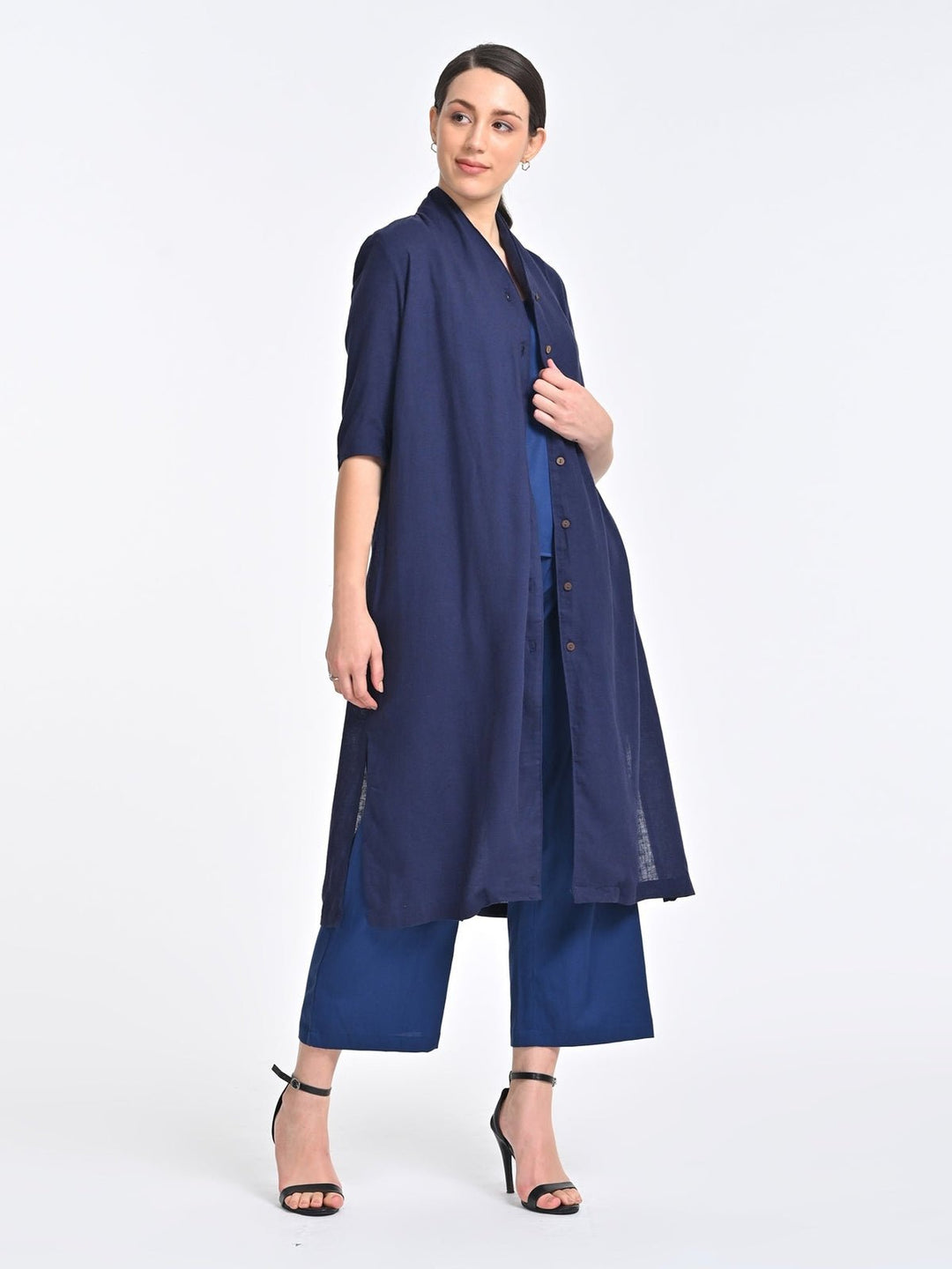 Co - ord SetWomen Solid Navy Overlay and Long Short with Trousers 3 Piece Coords SetSaltpetre