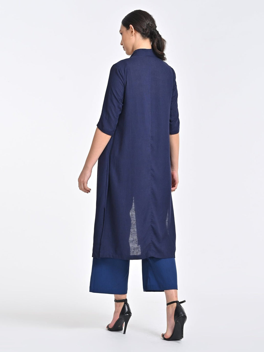 Co - ord SetWomen Solid Navy Overlay and Long Short with Trousers 3 Piece Coords SetSaltpetre