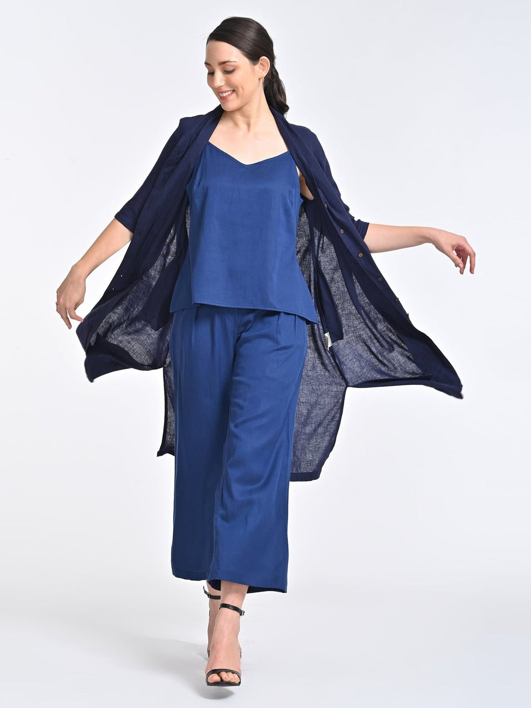 Co - ord SetWomen Solid Navy Overlay and Long Short with Trousers 3 Piece Coords SetSaltpetre