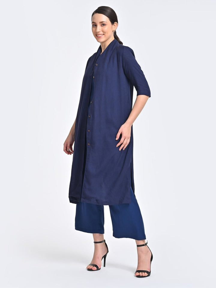 Co - ord SetWomen Solid Navy Overlay and Long Short with Trousers 3 Piece Coords SetSaltpetre