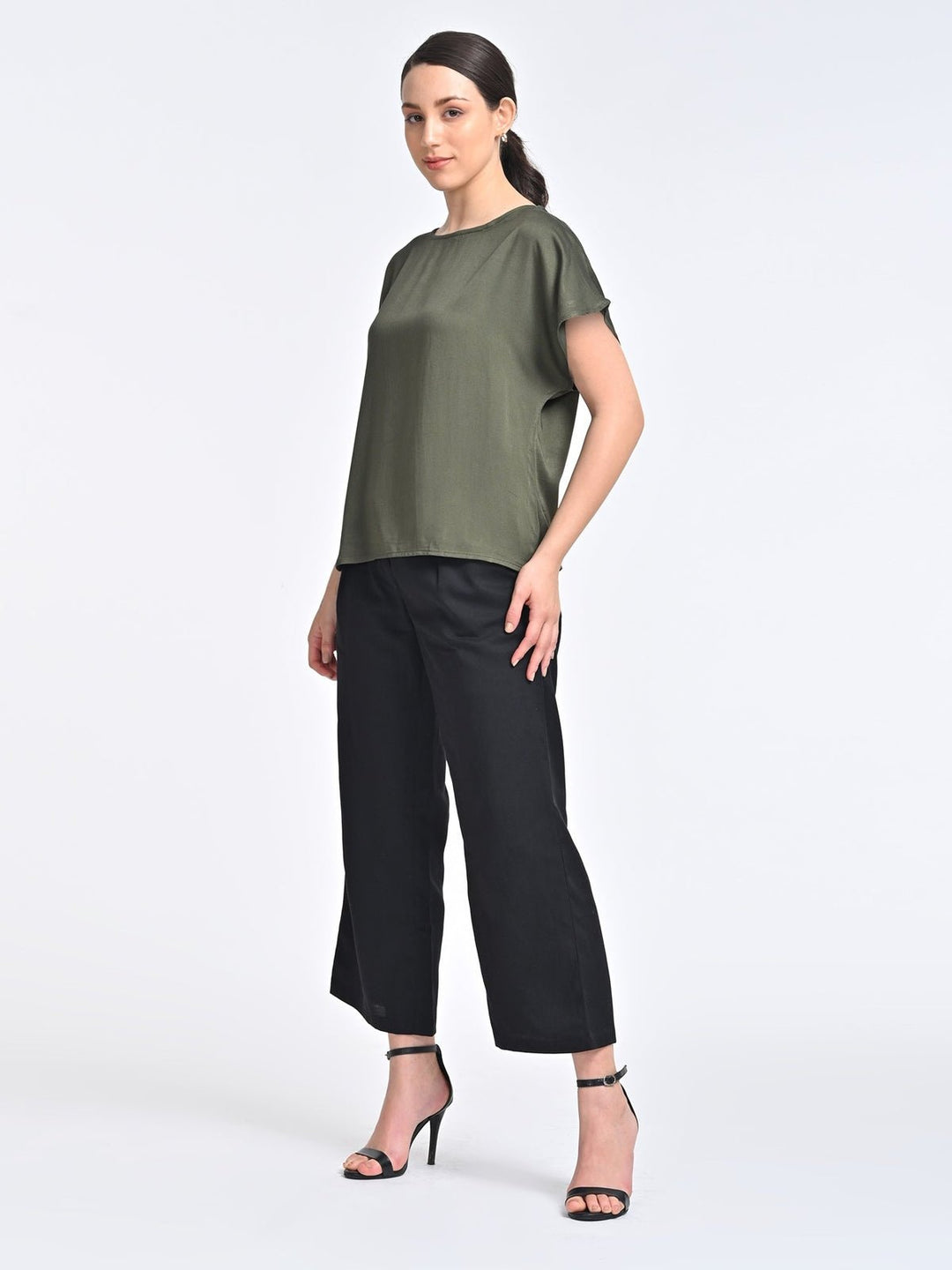 Co - ord SetWomen Solid Olive Boat Neck Top with Black Trouser Coords SetSaltpetre