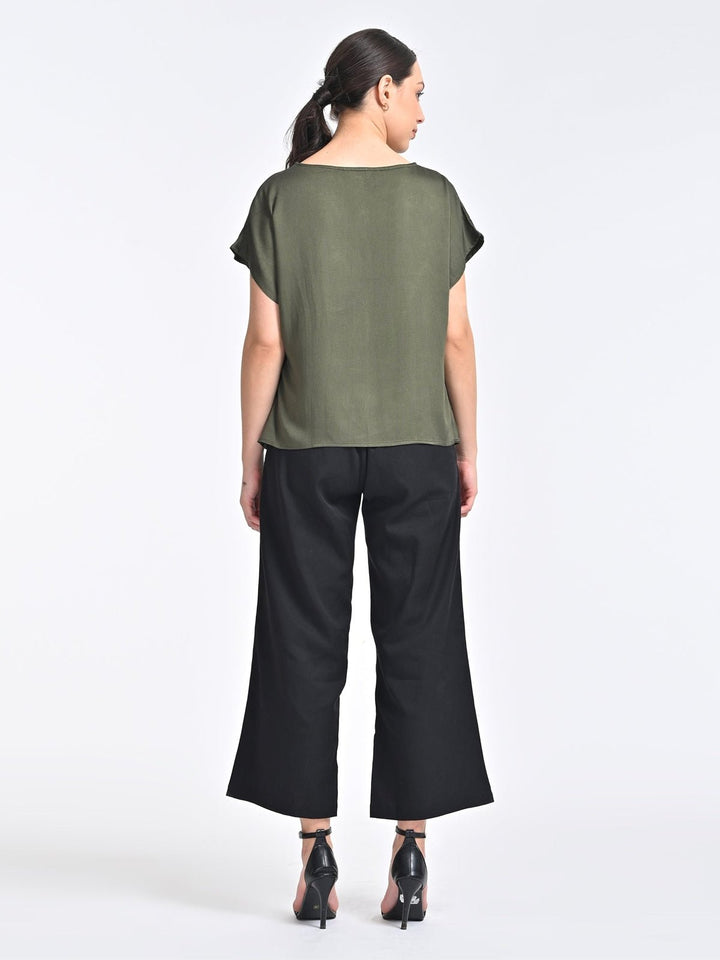 Co - ord SetWomen Solid Olive Boat Neck Top with Black Trouser Coords SetSaltpetre