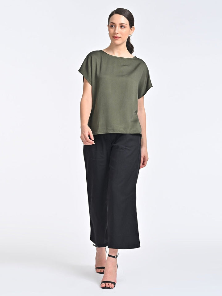 Co - ord SetWomen Solid Olive Boat Neck Top with Black Trouser Coords SetSaltpetre