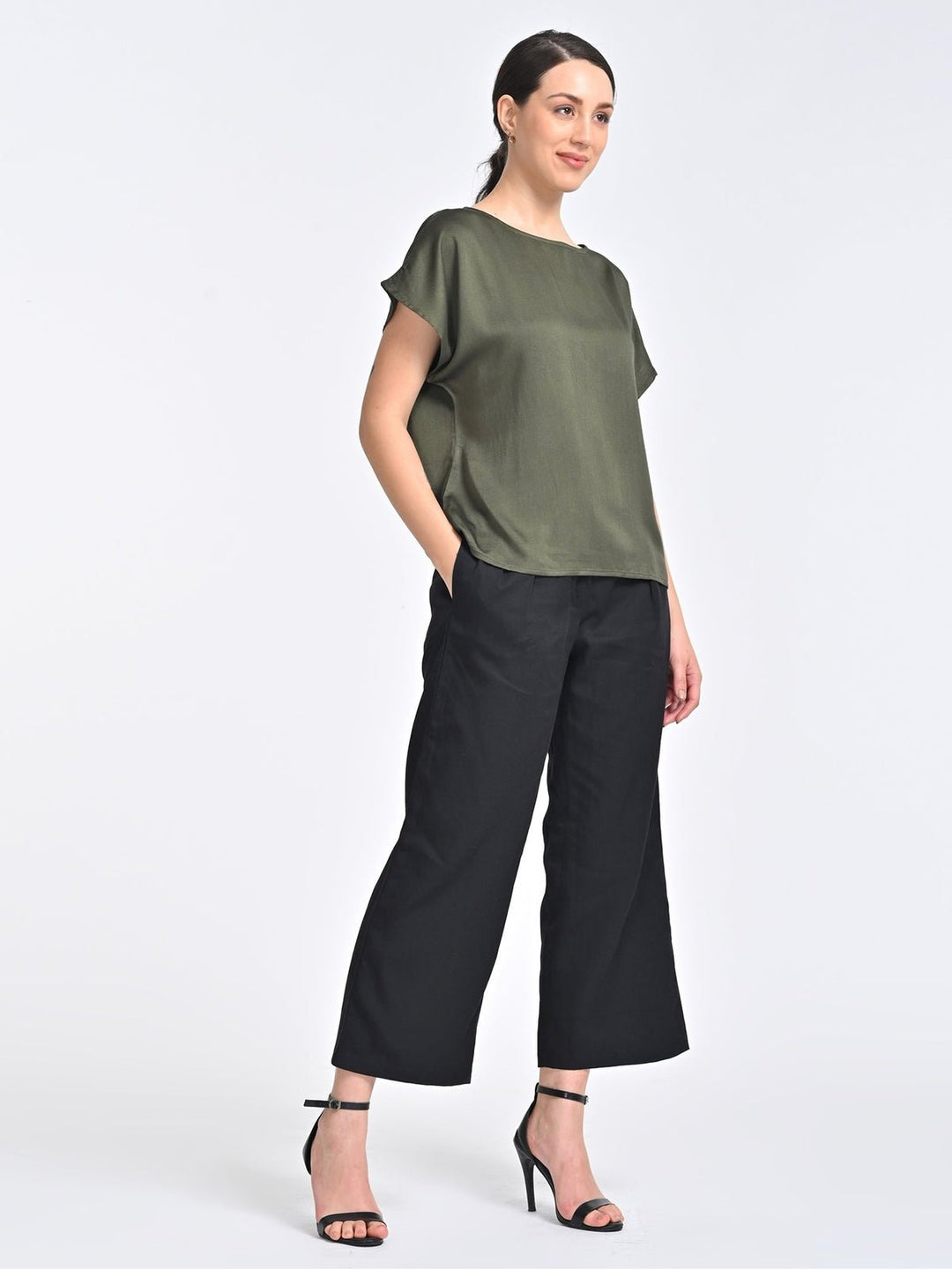 Co - ord SetWomen Solid Olive Boat Neck Top with Black Trouser Coords SetSaltpetre