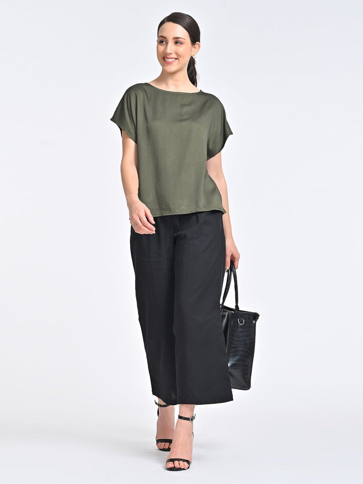 Co - ord SetWomen Solid Olive Boat Neck Top with Black Trouser Coords SetSaltpetre