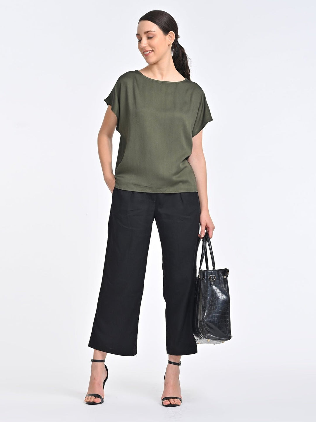 Co - ord SetWomen Solid Olive Boat Neck Top with Black Trouser Coords SetSaltpetre