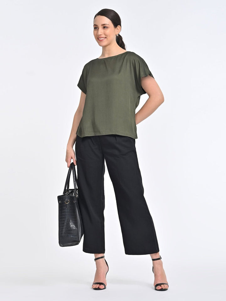 Co - ord SetWomen Solid Olive Boat Neck Top with Black Trouser Coords SetSaltpetre