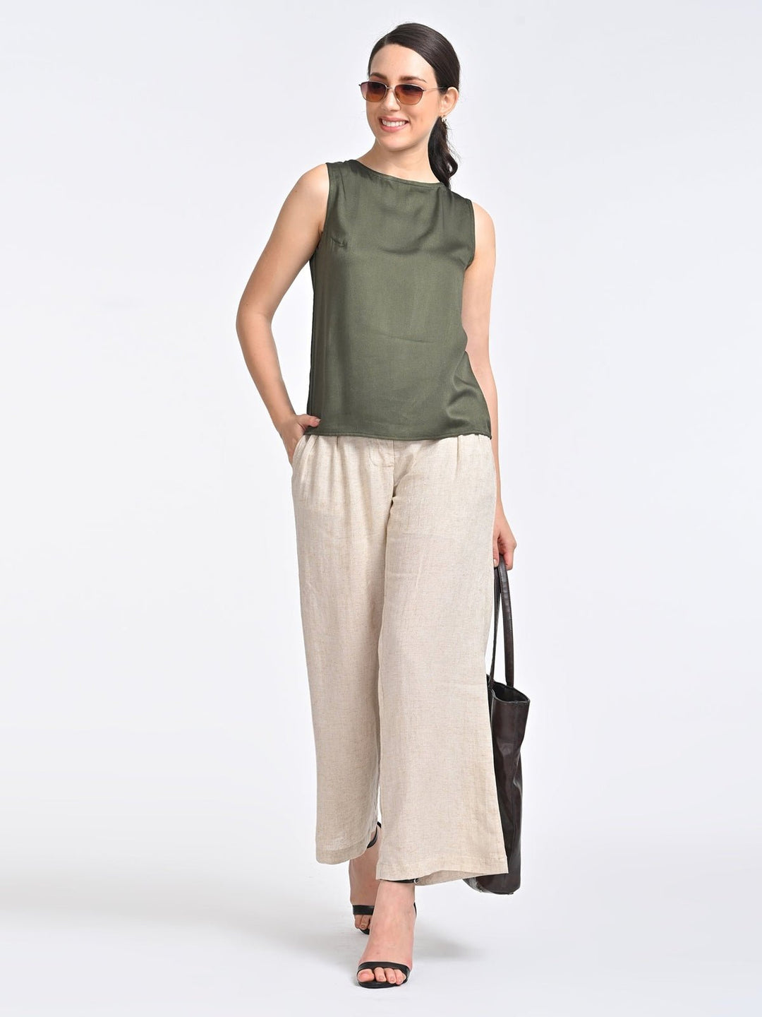 Co - ord SetWomen Solid Olive Shell Top with Beige Trouser Coords SetSaltpetre