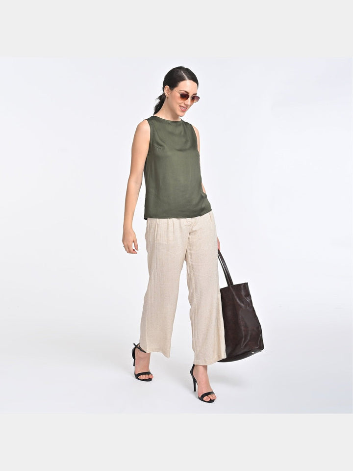 Co - ord SetWomen Solid Olive Shell Top with Beige Trouser Coords SetSaltpetre