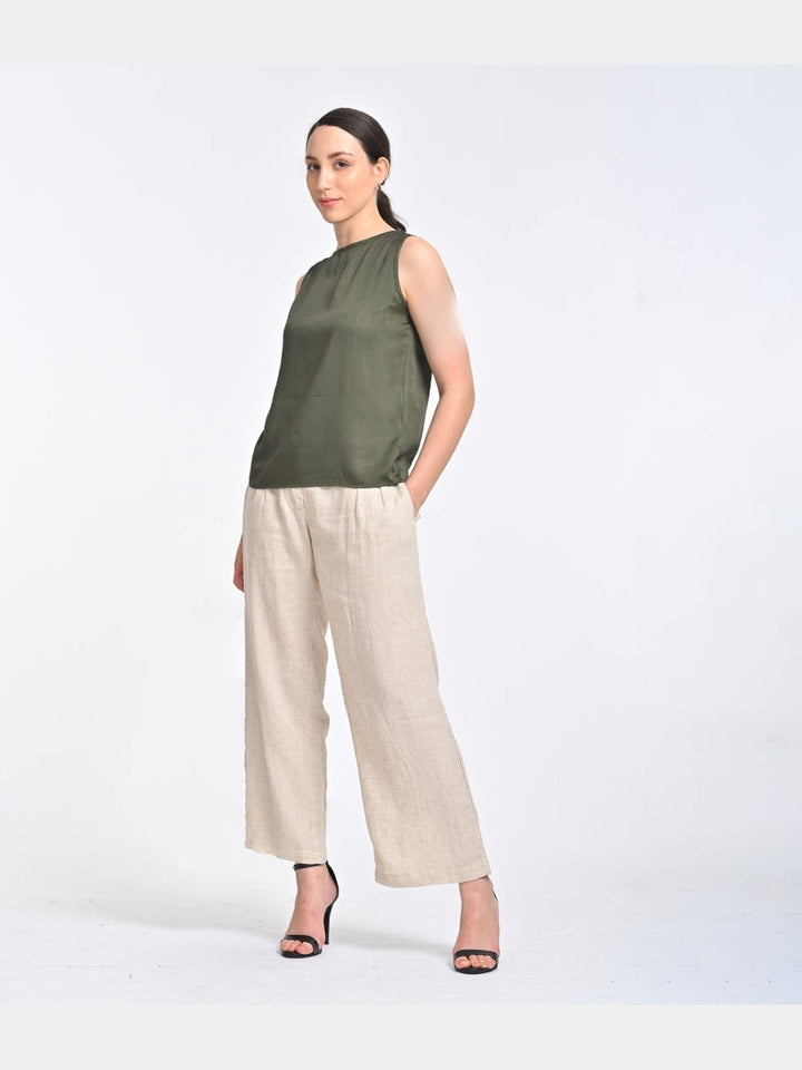 Co - ord SetWomen Solid Olive Shell Top with Beige Trouser Coords SetSaltpetre