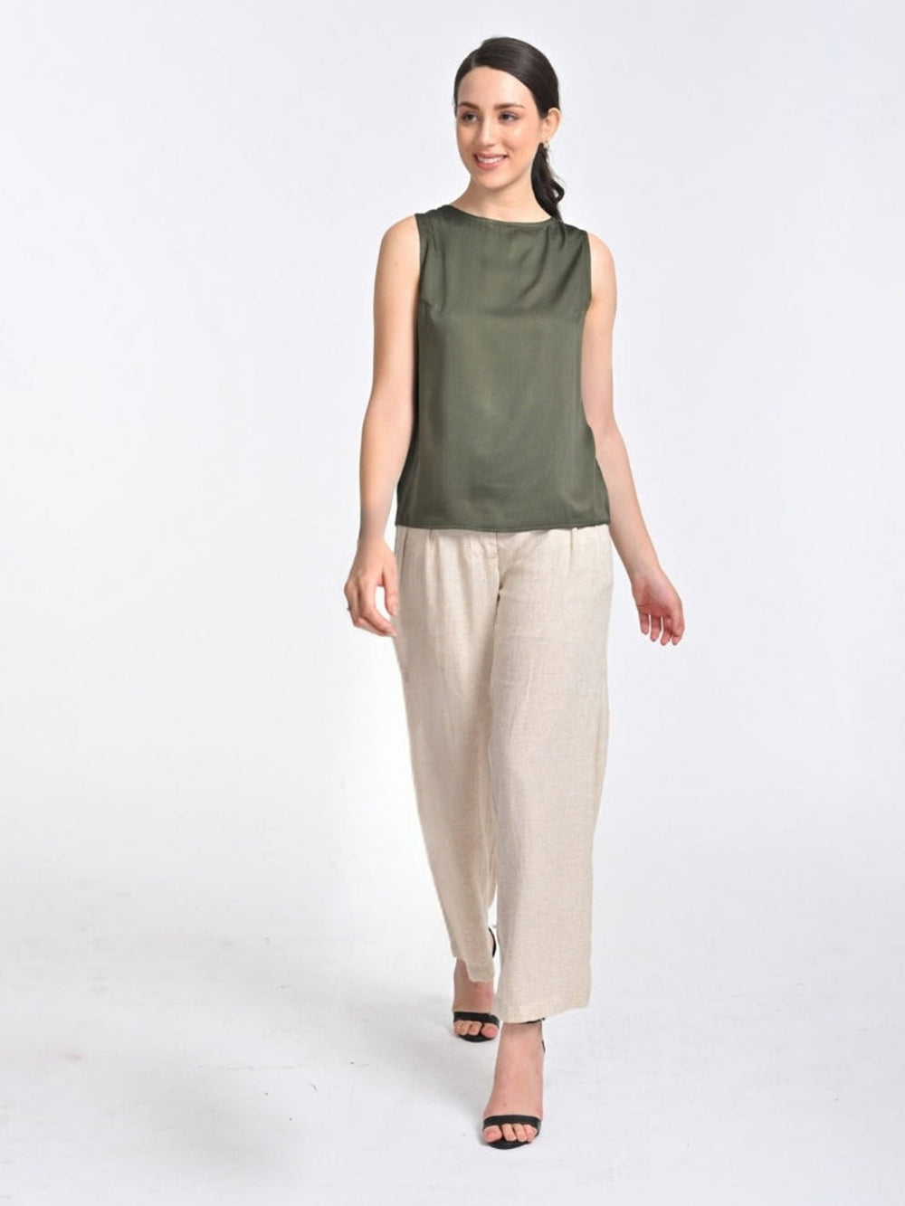 Co - ord SetWomen Solid Olive Shell Top with Beige Trouser Coords SetSaltpetre