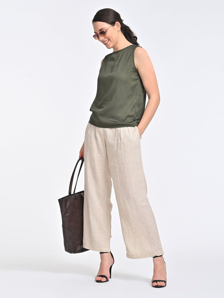 Co - ord SetWomen Solid Olive Shell Top with Beige Trouser Coords SetSaltpetre