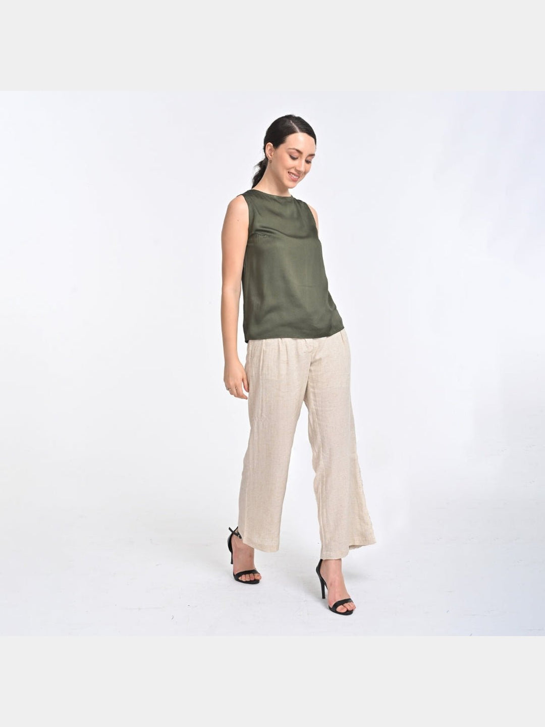 Co - ord SetWomen Solid Olive Shell Top with Beige Trouser Coords SetSaltpetre