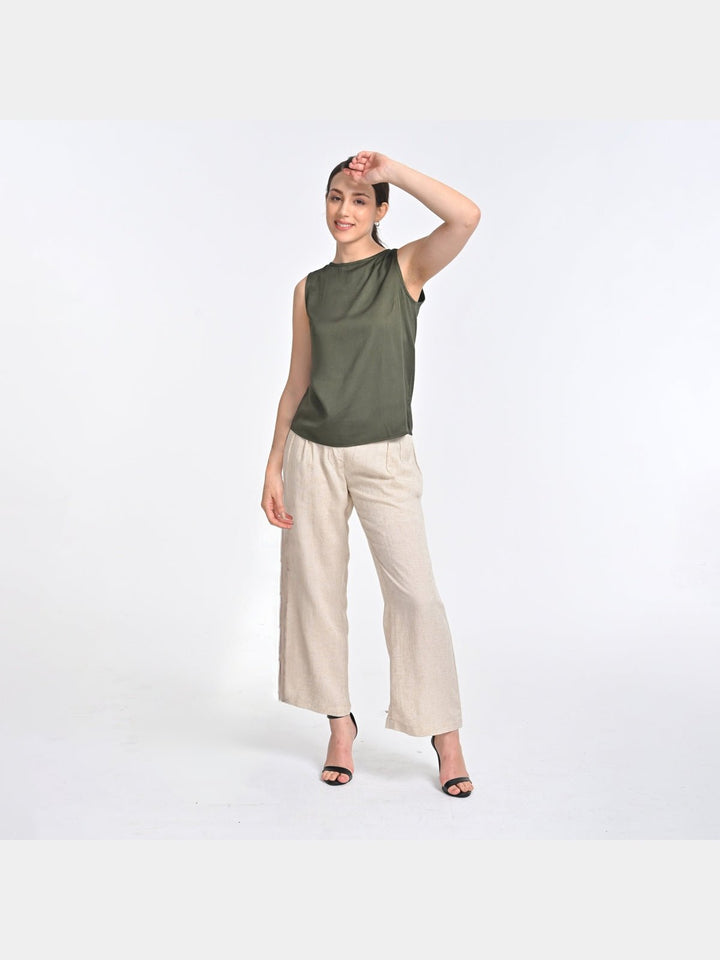 Co - ord SetWomen Solid Olive Shell Top with Beige Trouser Coords SetSaltpetre