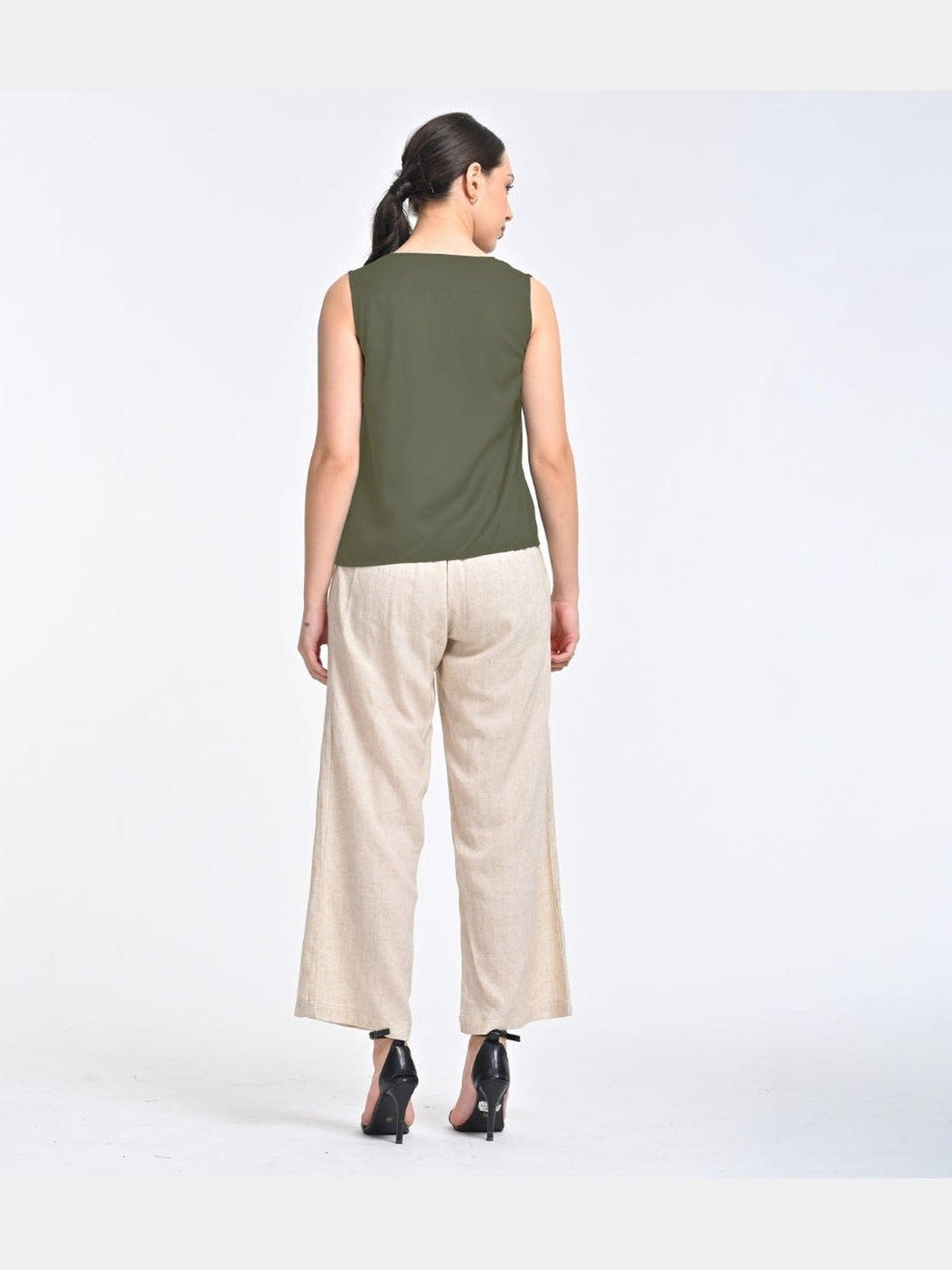 Co - ord SetWomen Solid Olive Shell Top with Beige Trouser Coords SetSaltpetre