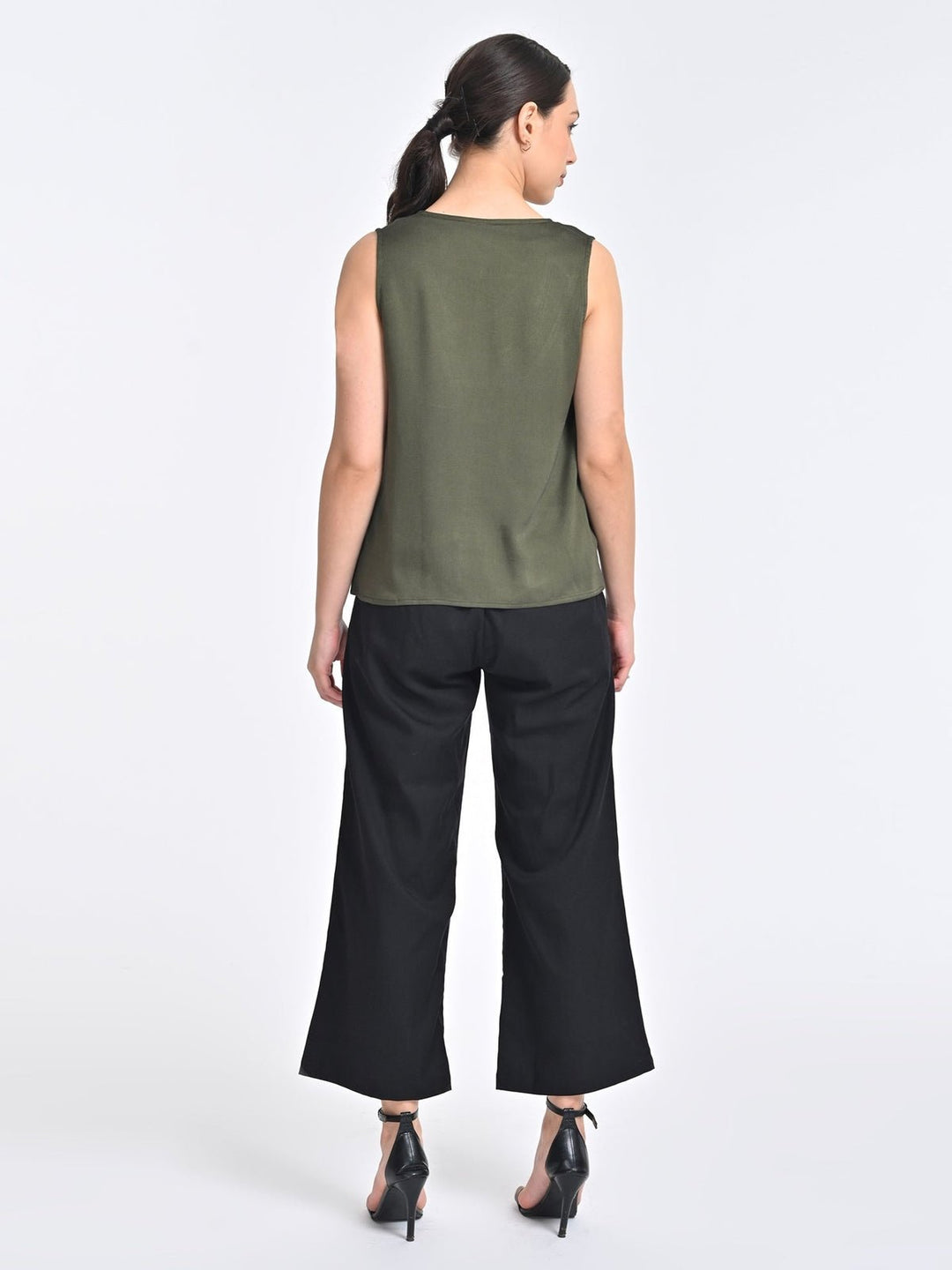 Co - ord SetWomen Solid Olive V Neck Top with Black Trousers Coords SetSaltpetre