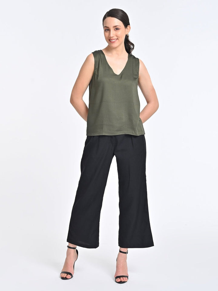 Co - ord SetWomen Solid Olive V Neck Top with Black Trousers Coords SetSaltpetre