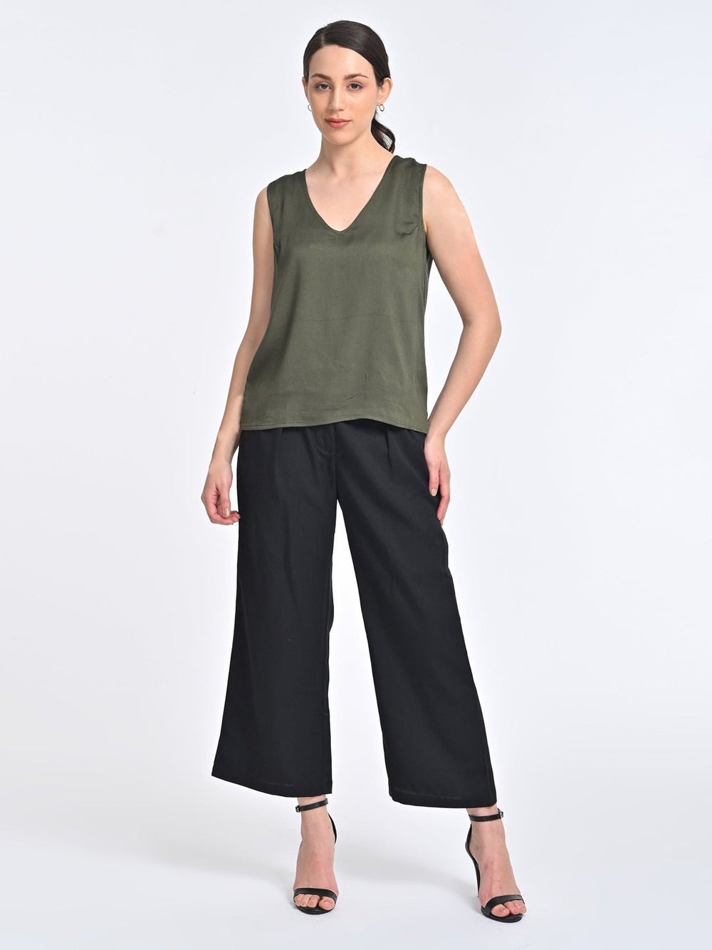 Co - ord SetWomen Solid Olive V Neck Top with Black Trousers Coords SetSaltpetre