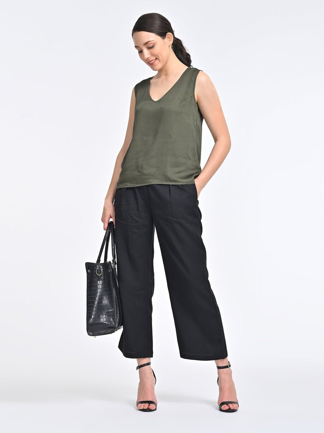 Co - ord SetWomen Solid Olive V Neck Top with Black Trousers Coords SetSaltpetre