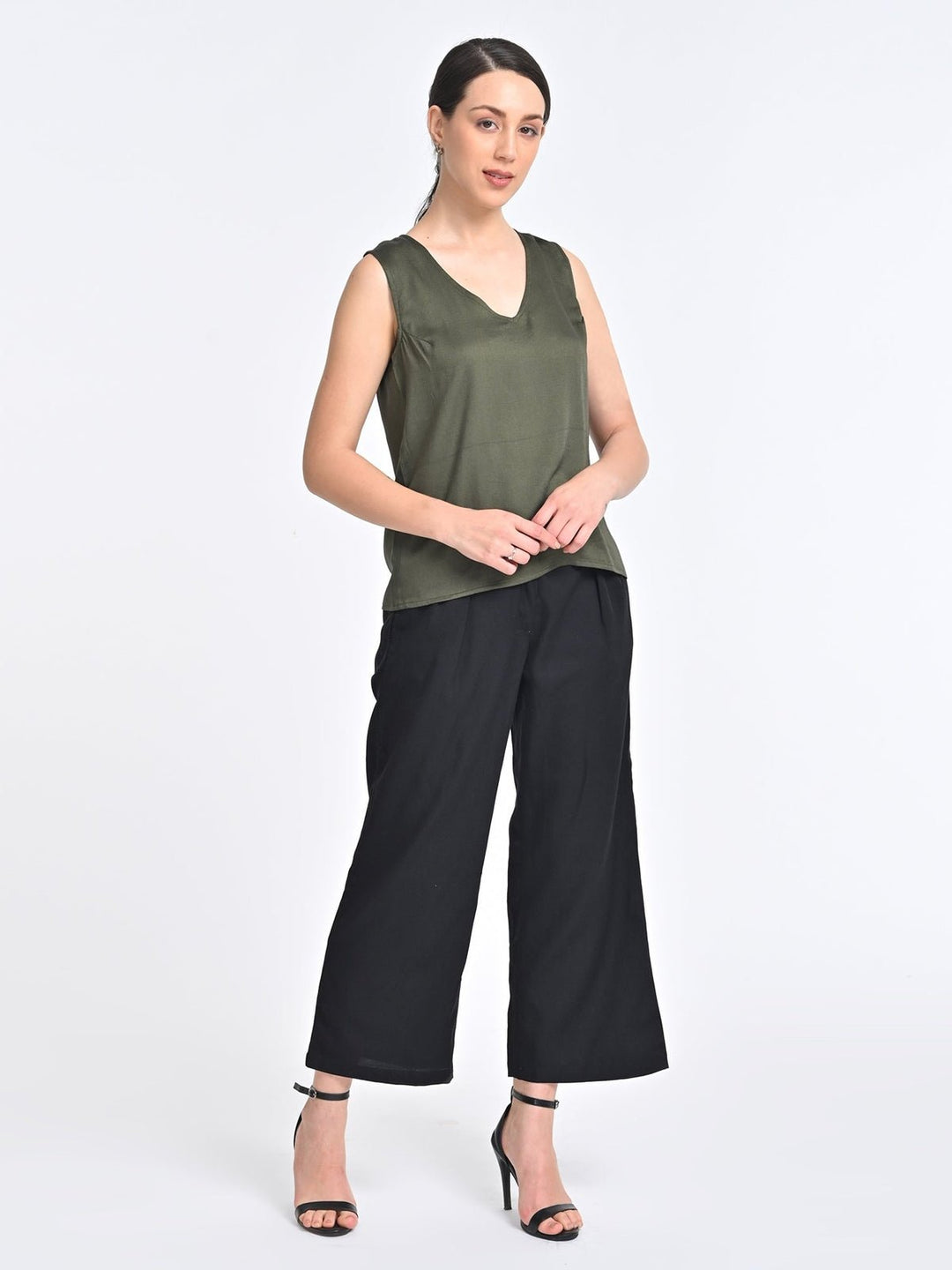 Co - ord SetWomen Solid Olive V Neck Top with Black Trousers Coords SetSaltpetre