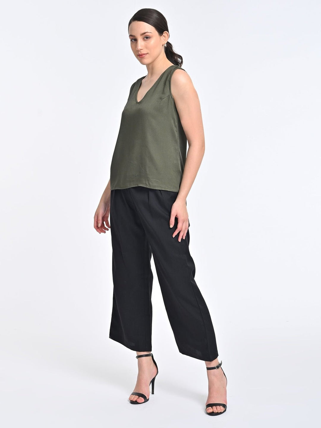 Co - ord SetWomen Solid Olive V Neck Top with Black Trousers Coords SetSaltpetre