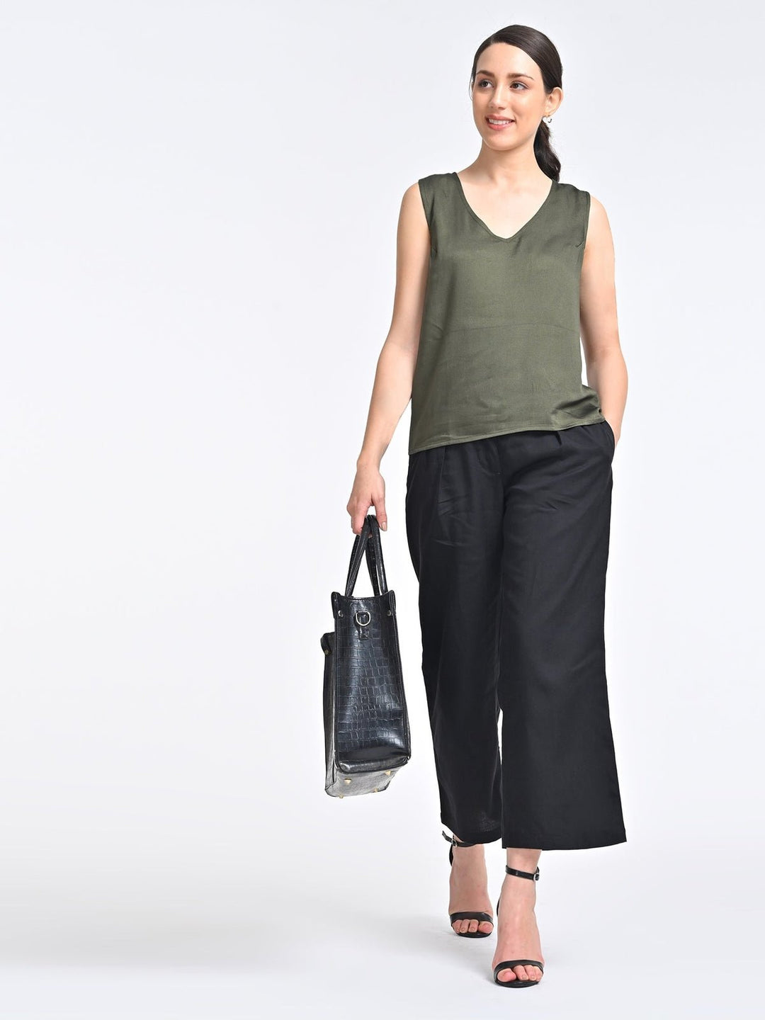 Co - ord SetWomen Solid Olive V Neck Top with Black Trousers Coords SetSaltpetre